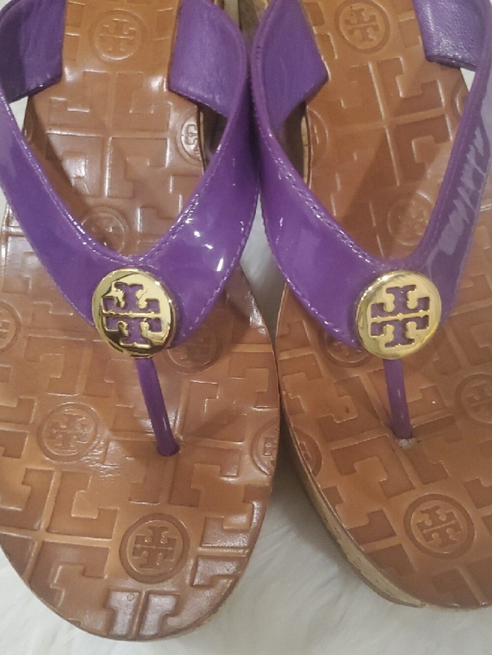 Tory Burch Purple Leather Logo Thong  Wedge Sandals - Picture 14 of 15